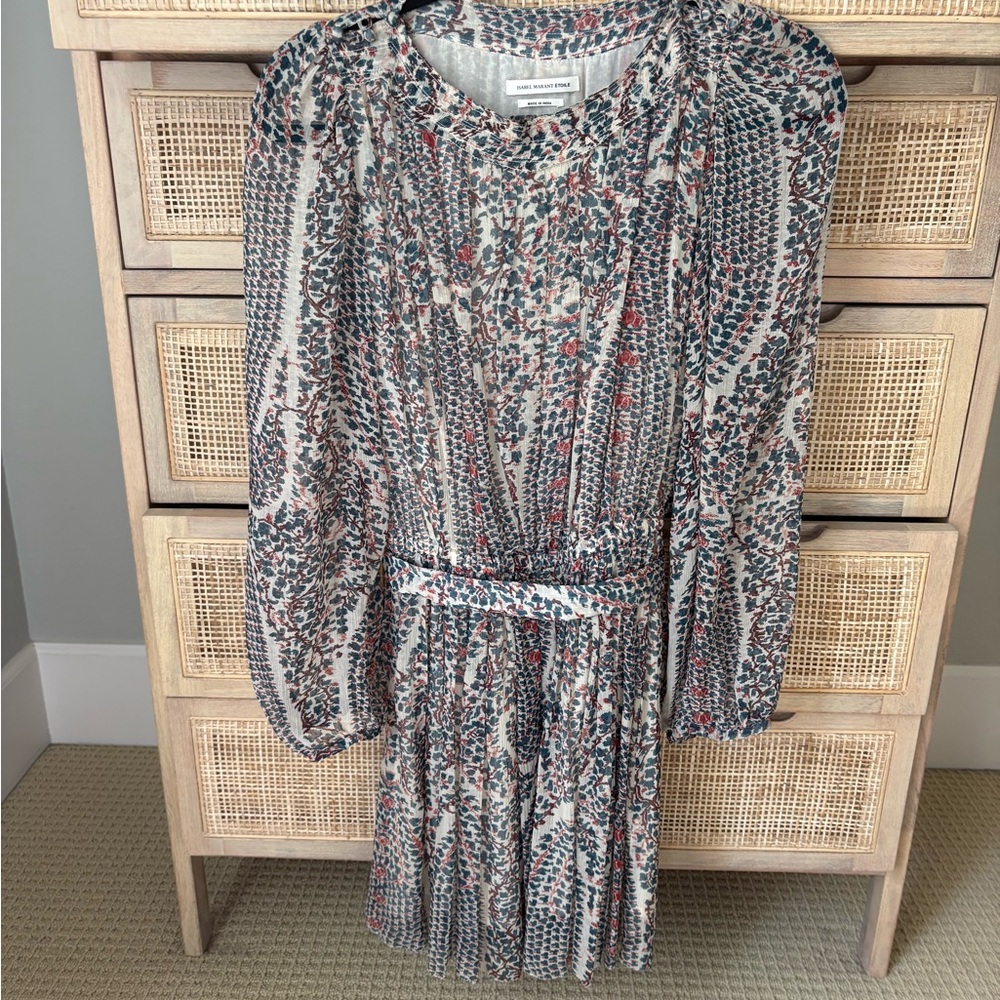 Isabel Marant Cream Dress with Red and Teal Floral Print, Long Sleeve Belted